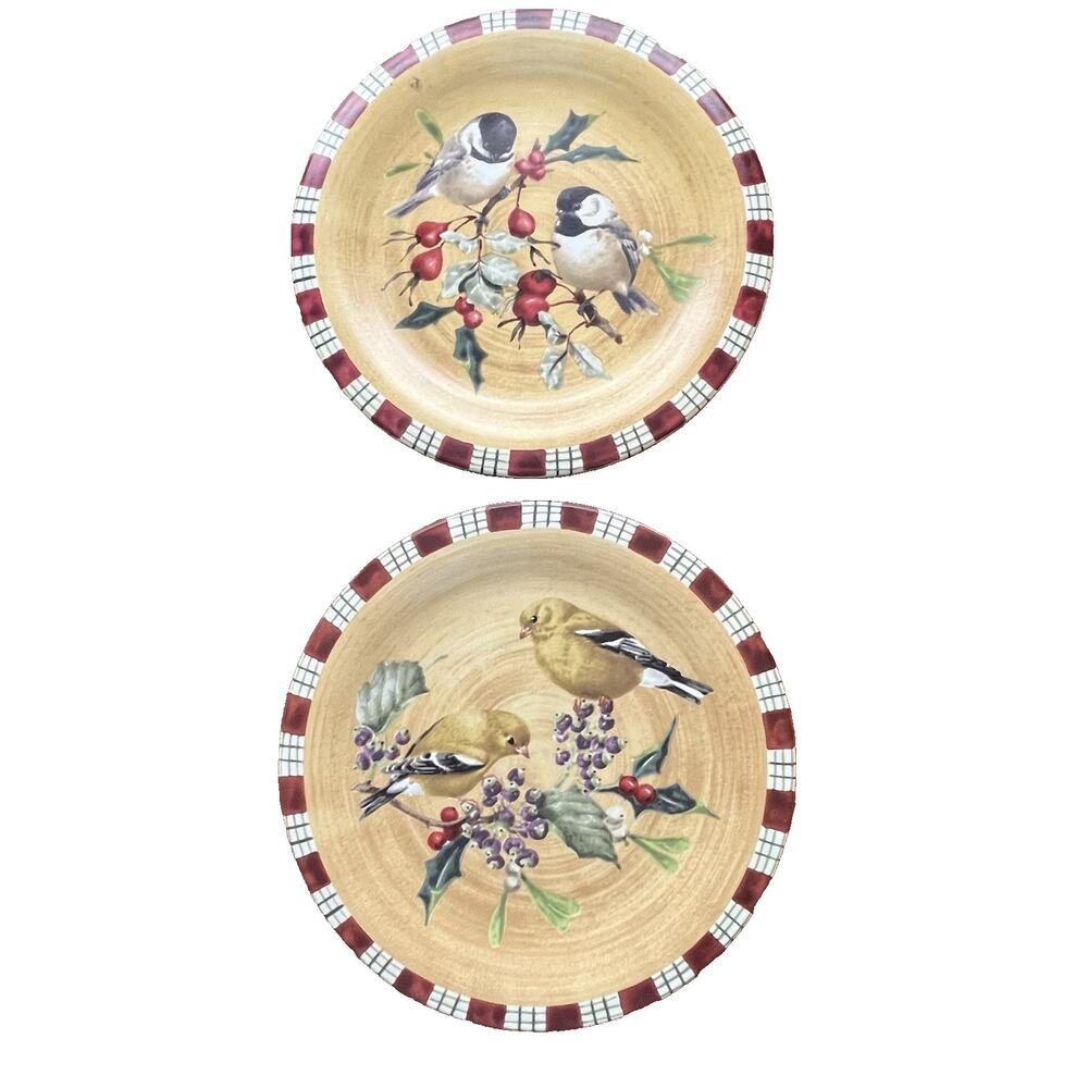 Lenox Winter Greetings Lot of 2 Salad Plates 8.5" Chickadee Goldfinch Holiday
